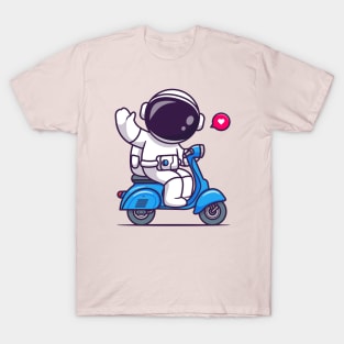 Cute Astronaut Waving Hand On Scooter Cartoon T-Shirt